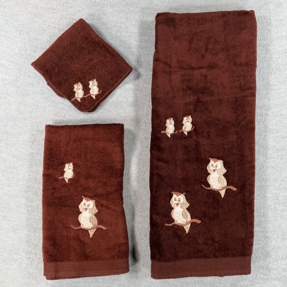 Martex Owl Bath Hand Towel Washcloth Set Brown Vintage Embroidered 3 Piece MCM‎